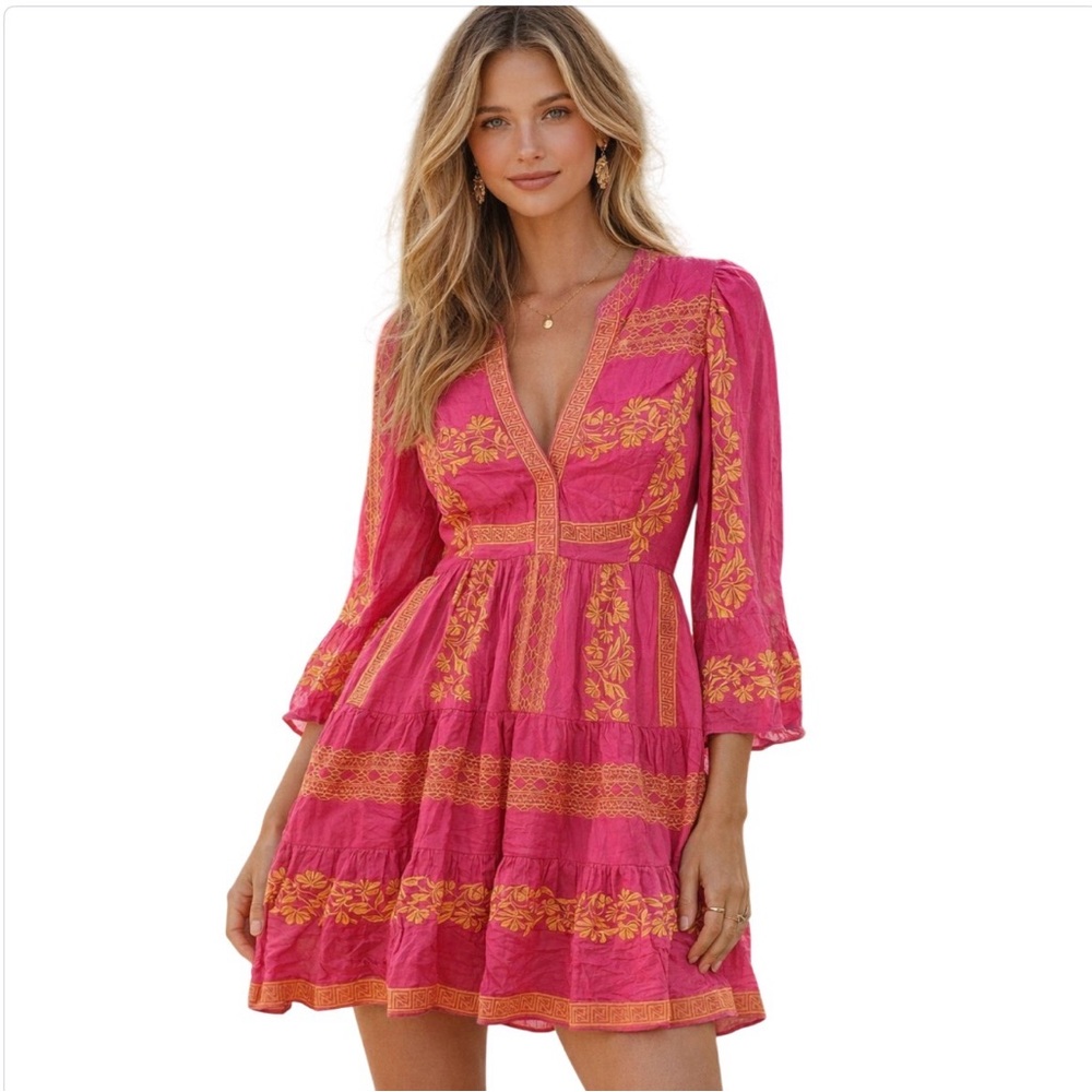 Hale Bob Pink and Orange 3/4 Sleeve Ruffled Tiered Floral M EUC Cottage Core